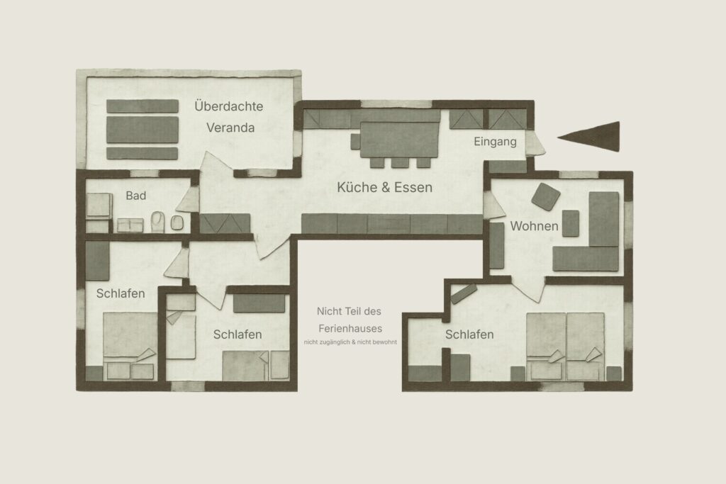 Grundriss des Ferienhauses Farm auf Snokebo Gård mit Küche, Wohnbereich, drei Schlafzimmern, Bad und überdachter Veranda