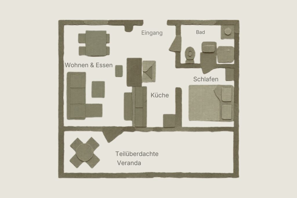 Grundriss des Ferienhauses Torpet in Småland mit Wohn- und Essbereich, Küche, Schlafzimmer, Badezimmer und teilüberdachter Veranda
