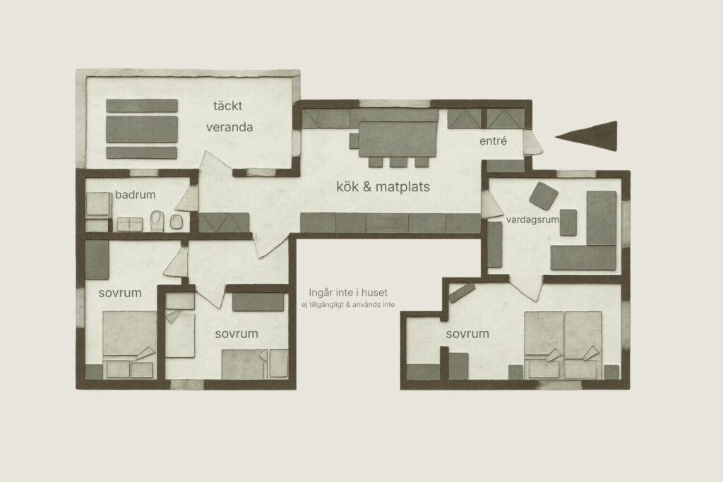 Planlösning av bottenvåningen i semesterhuset Farm på Snokebo Gård med kök, vardagsrum, sovrum och veranda