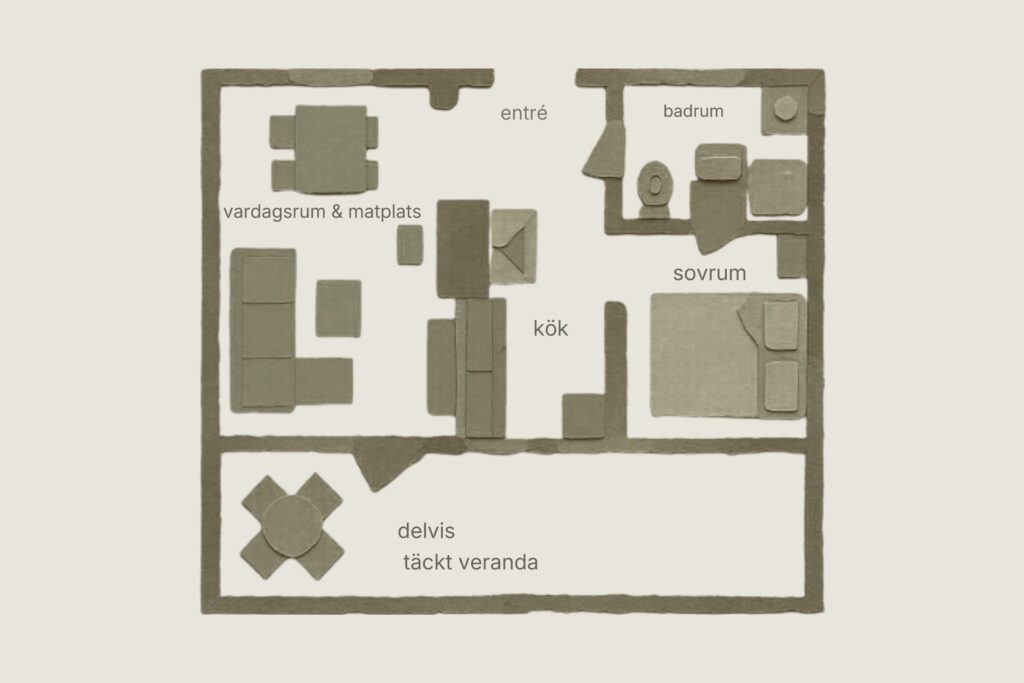 Planlösning av Torpet på Snokebo Gård med vardagsrum och matplats, kök, sovrum, badrum, entré och delvis täckt veranda.